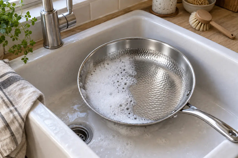 Poêle en titane martelé de 30 cm dans un évier en céramique, avec de la mousse de liquide vaisselle