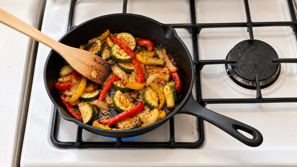 Durée de vie d'une poêle en fonte : des courgettes, des poivrons et des oignons dorent dans une poêle à la patine noire
