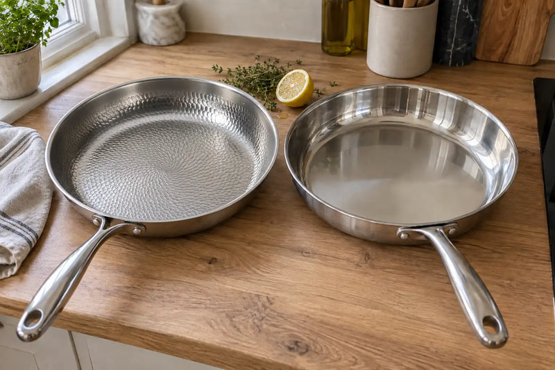 Poêle en titane martelé et poêle en inox 18/10 de 28 cm côte à côte sur un plan de travail en chêne, la surface martelée à gauche et la surface lisse à droite