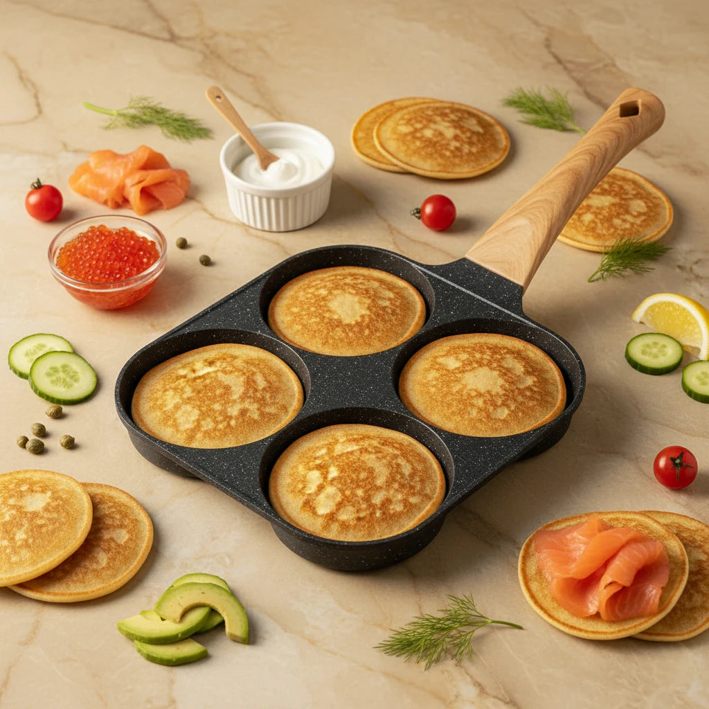 Poêle 4 Blinis Induction : présentation de quatre blinis dorés avec les garnitures.