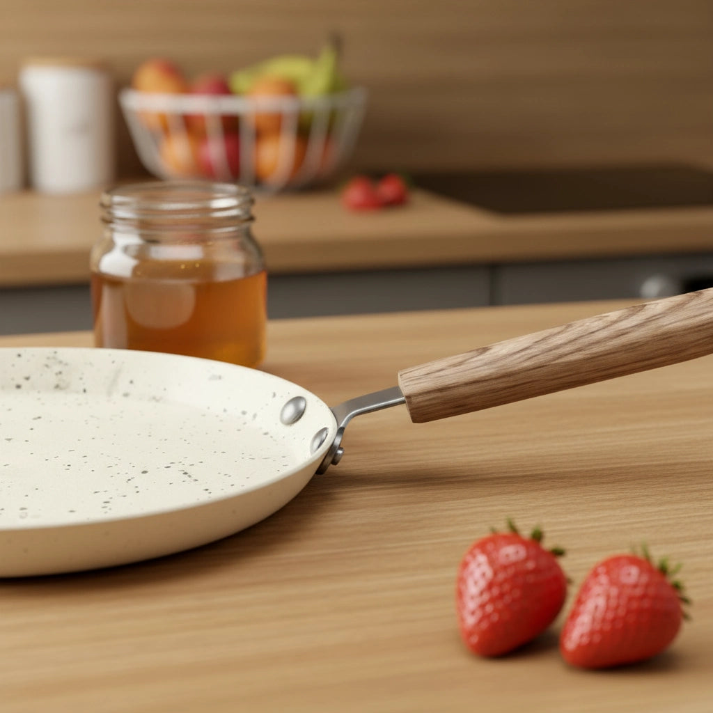 Gros plan sur le manche effet bois de la poêle à crêpe 22 cm antiadhésive, avec miel et fraises.