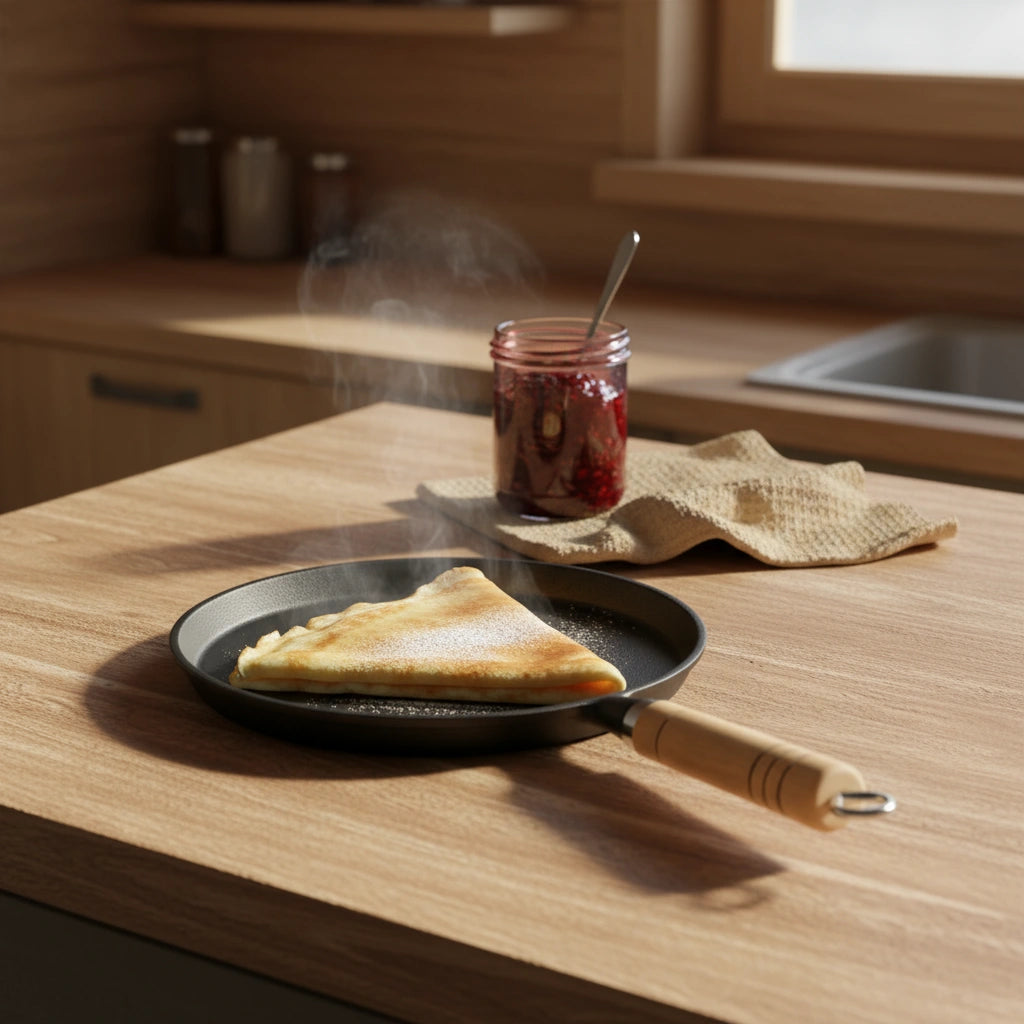 Crêpe pliée et saupoudrée de sucre dans la poêle à crêpe en fonte 20 cm sur un comptoir de cuisine en bois avec un pot de confiture.