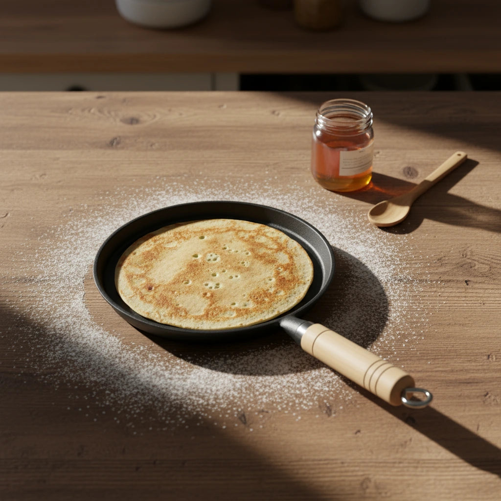 Crêpe fraîchement cuite dans la poêle à crêpe en fonte 20 cm, entourée de sucre glace sur le plan de travail, à côté d'un pot de miel.