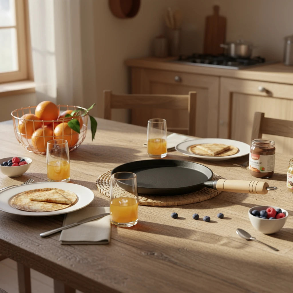 Ambiance petit-déjeuner familiale avec la poêle à crêpe en fonte 20 cm sur une table en bois, assiettes de crêpes, jus d'orange et pâte à tartiner.