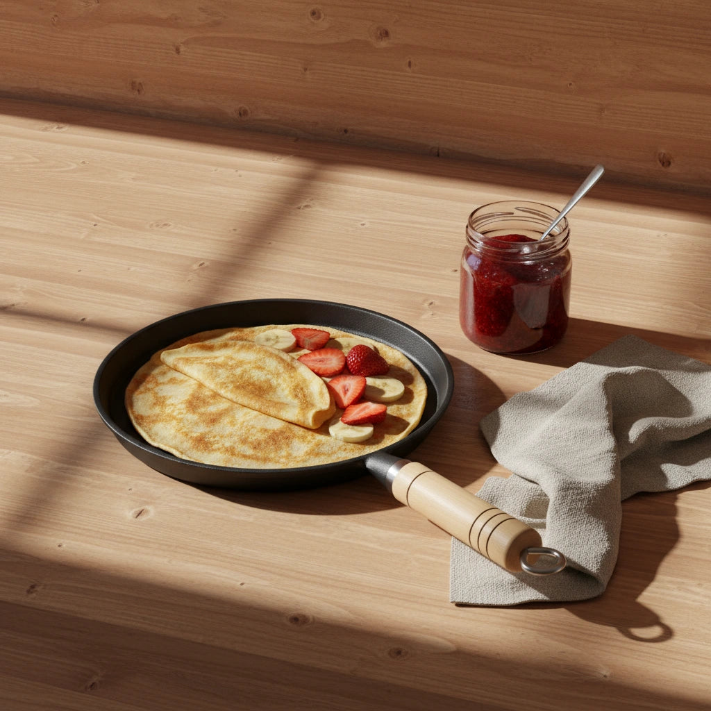 Poêle à crêpe en fonte 23 cm : crêpe aux fraises et à la banane avec un pot de confiture.
