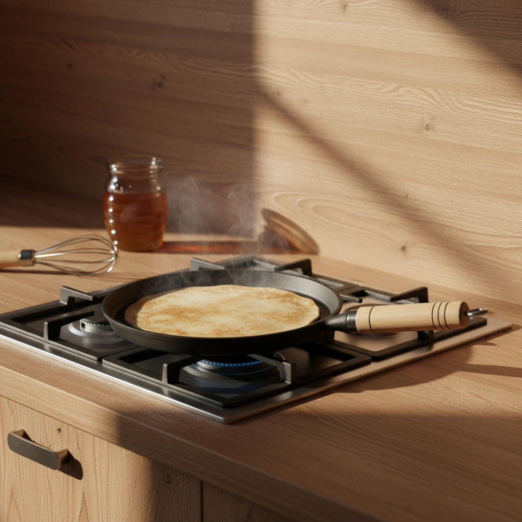Poêle à crêpe en fonte 23 cm en cours d'utilisation sur une plaque de cuisson à gaz. Cuisson parfaite pour des crêpes homogènes.