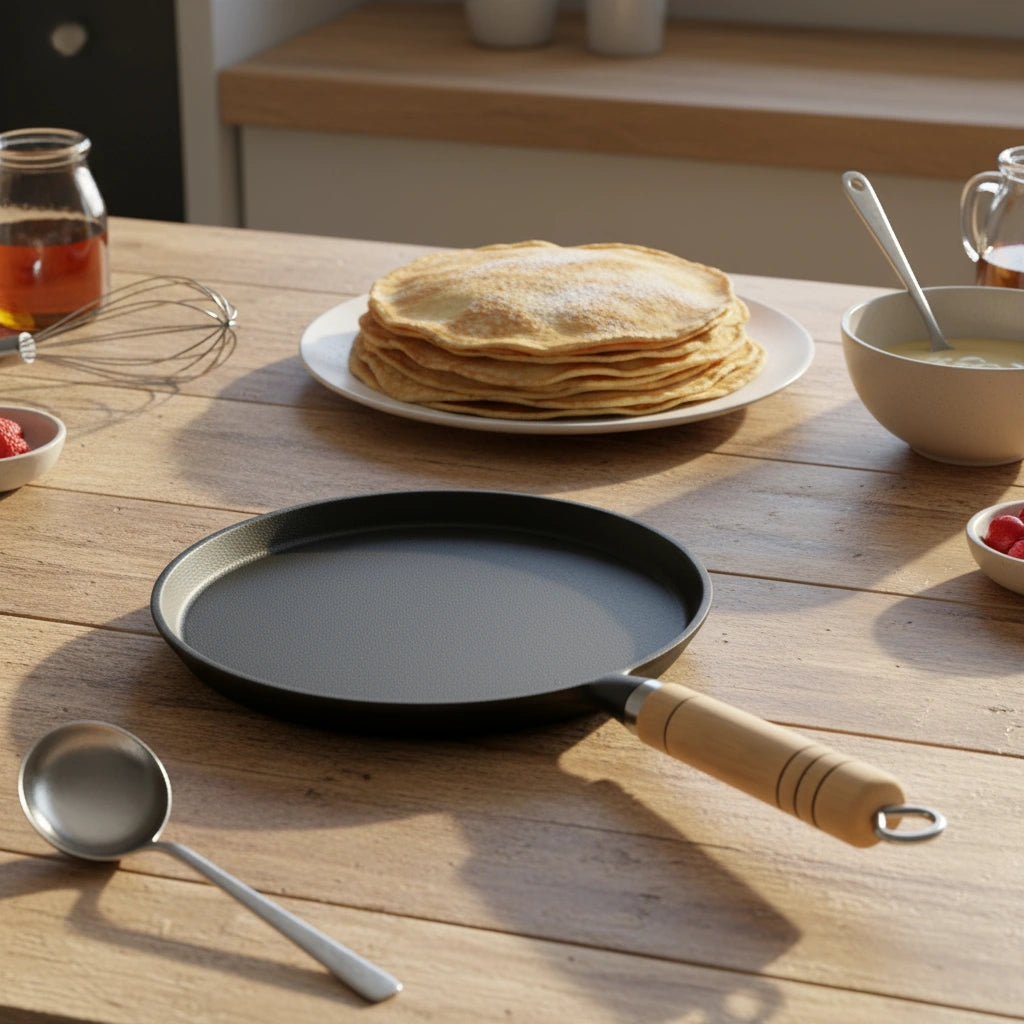 Poêle à crêpe en fonte 23 cm sur table en bois avec ingrédients et une pile de crêpes prêtes à être dégustées.