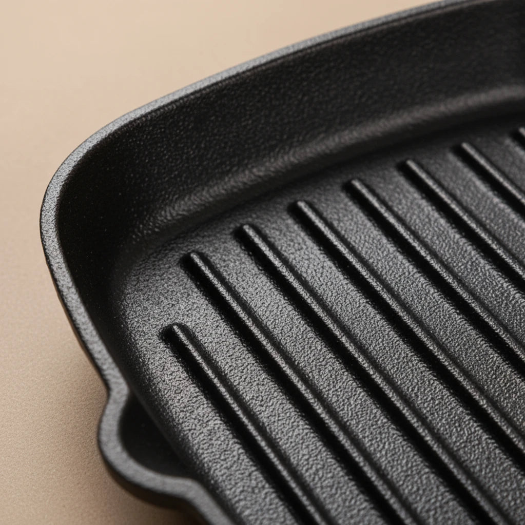 Poêle à Griller en Fonte 22 cm : gros plan sur un angle et les rainures.