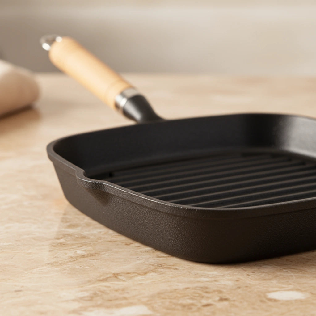 Poêle à Griller en Fonte 22 cm : vue de profil des bords et du bec verseur.