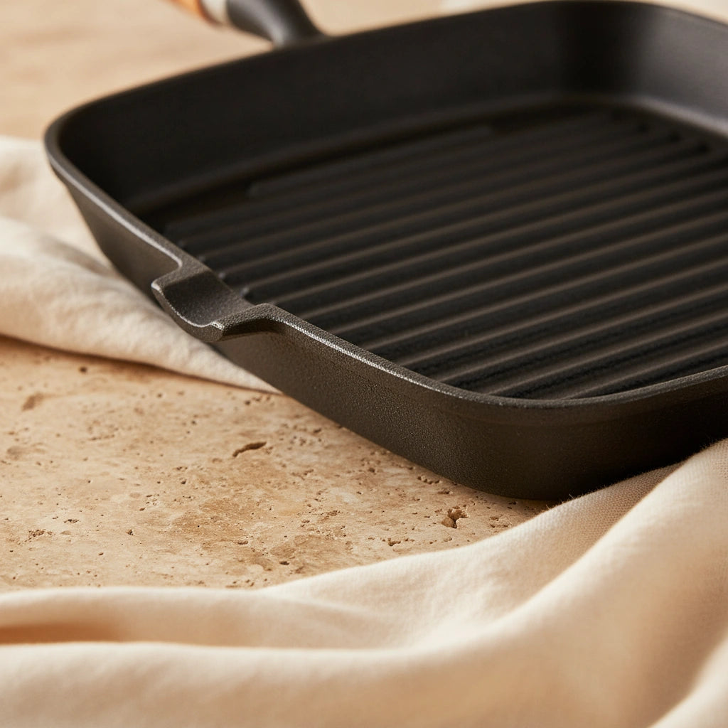 Poêle à Griller en Fonte 24 cm : détail du bec verseur et des rainures.