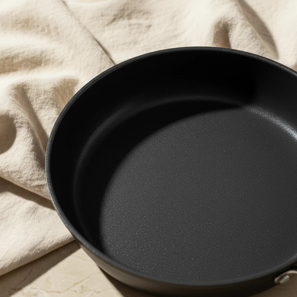Poêle à œuf 18 cm : vue rapprochée de la surface de cuisson noire.