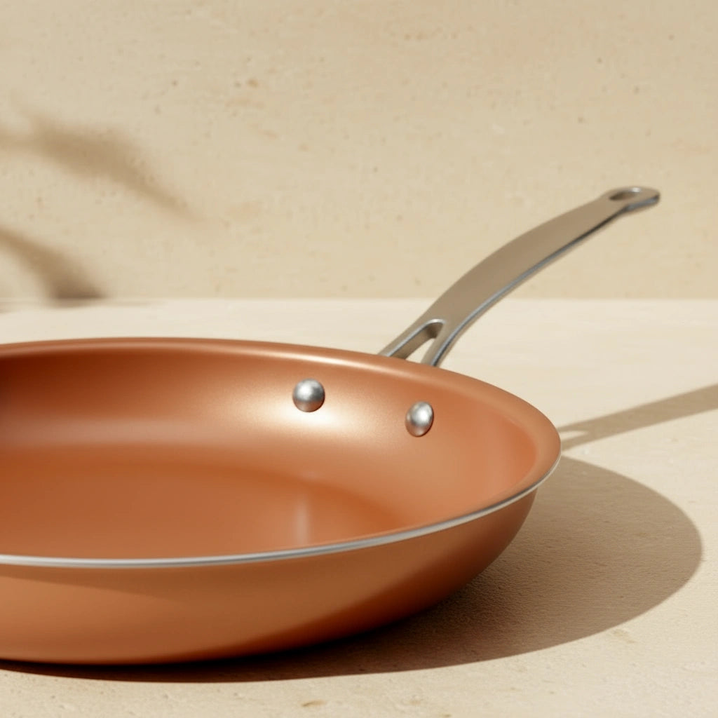 Vue de profil de la poêle céramique 24 cm, montrant le revêtement intérieur couleur cuivre et les rivets de fixation.