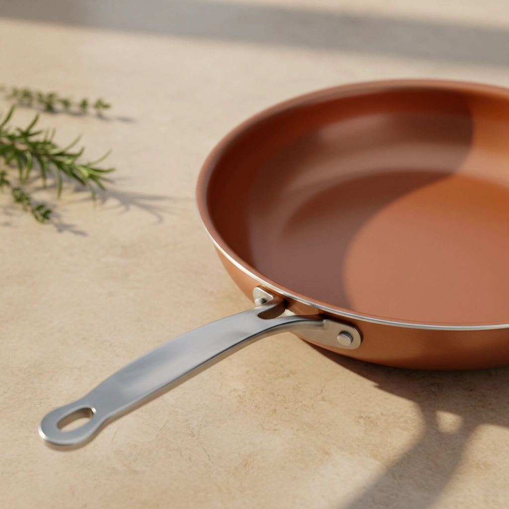 Poêle en céramique 20 cm : détail du manche en inox avec du romarin.