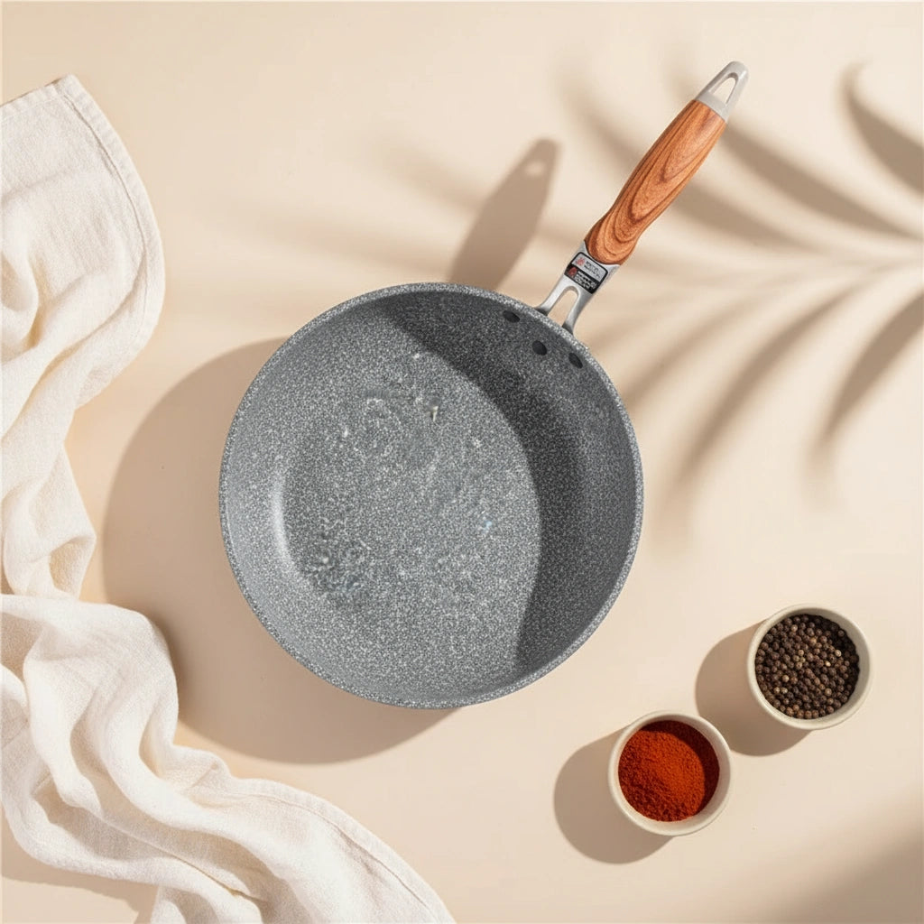 Poêle en pierre 26 cm avec une serviette et des épices (poivre, paprika), montrant sa surface large idéale pour saisir.