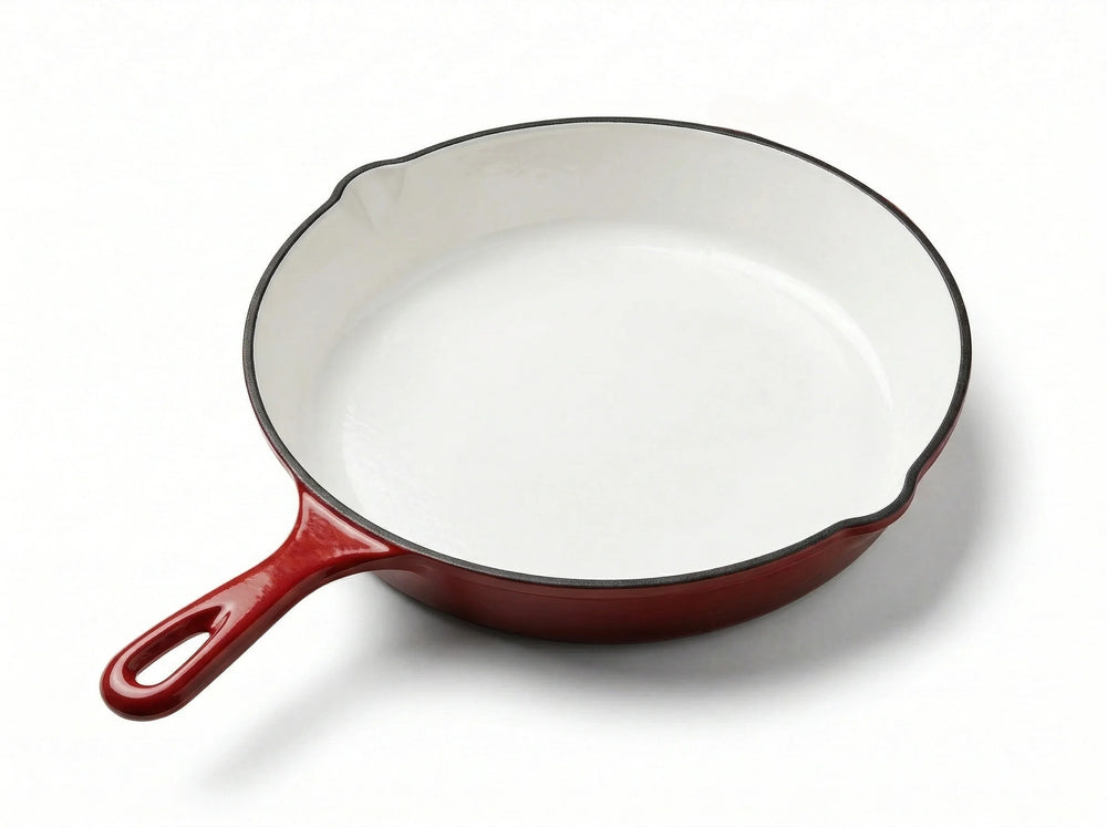 Caractéristiques techniques de la poêle en fonte émaillée blanche.