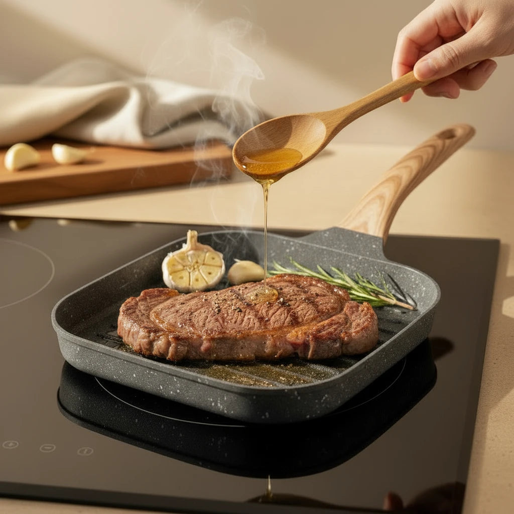 Poêle Grill en Pierre : arrosage d’un steak au beurre avec de l’ail.