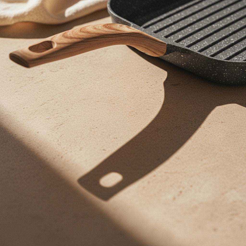 Poêle Grill en Pierre : détail du manche effet bois et de son ouverture.