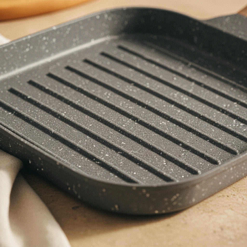 Poêle Grill en Pierre : vue rapprochée du fond strié.