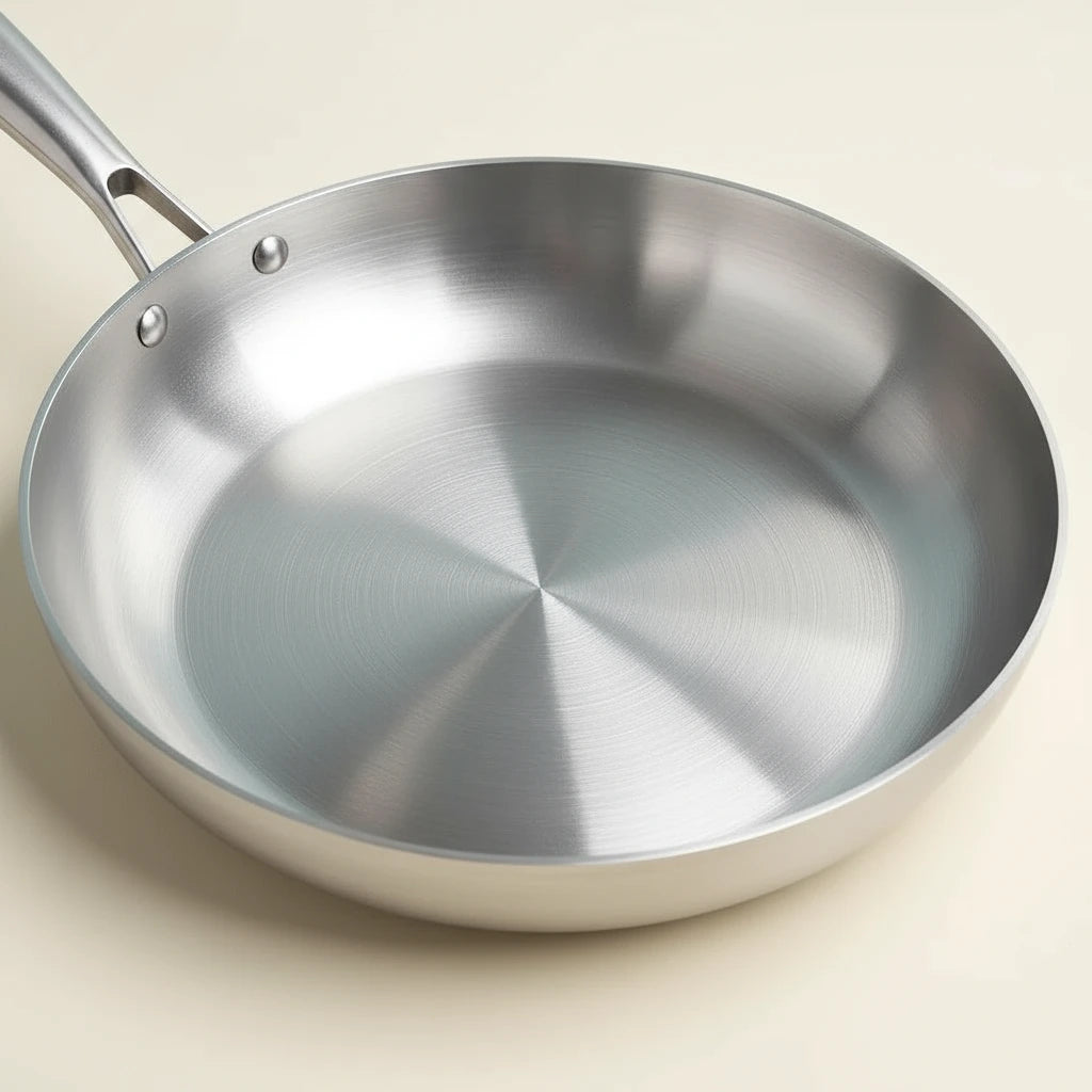 Poêle inox 18/10 22 cm : gros plan sur le fond et les rivets.