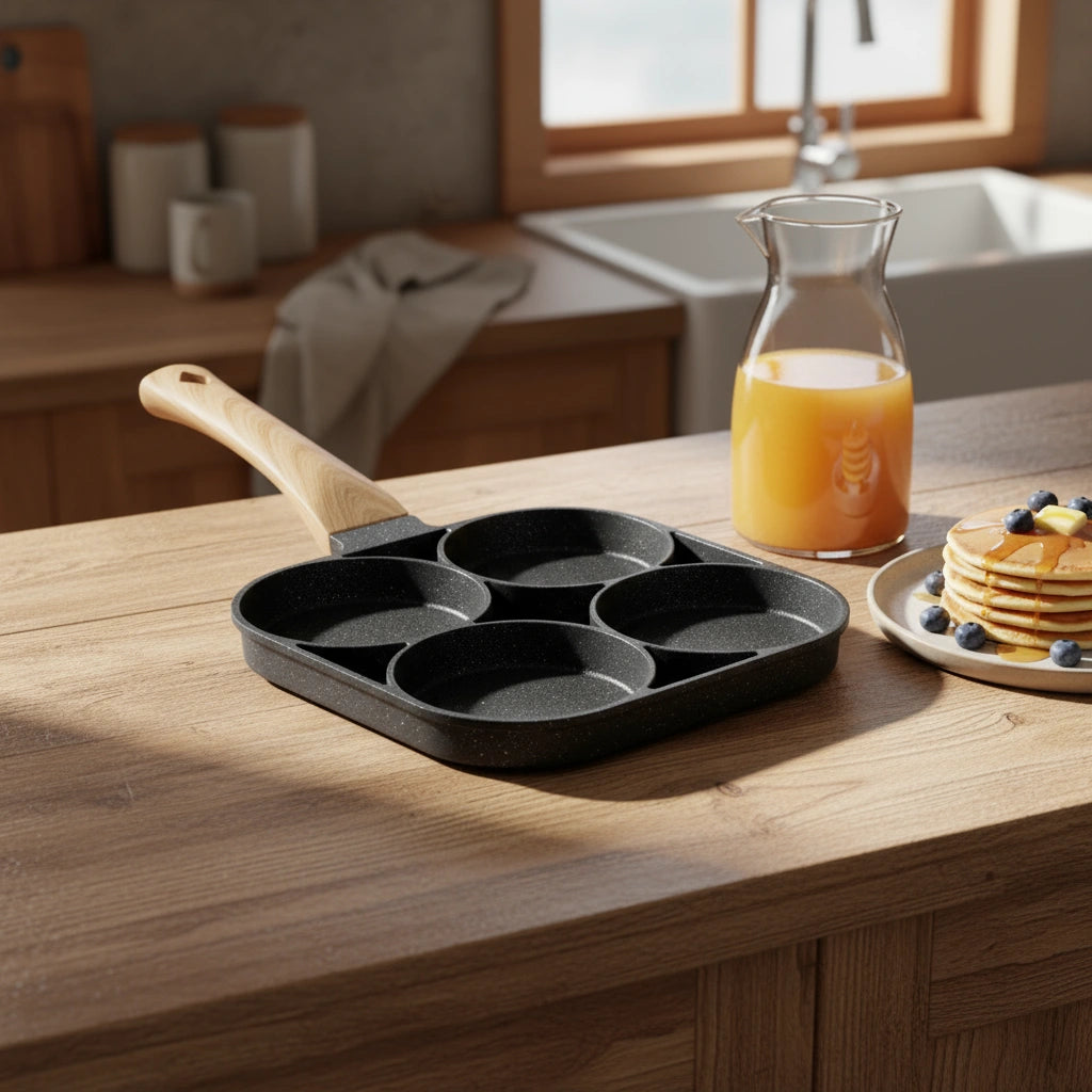 Poêle Mini Pancake : présentation sur une table avec un pichet de jus d’orange.