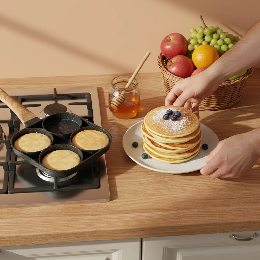 Poêle Mini Pancake : service de pancakes avec du miel et des myrtilles.