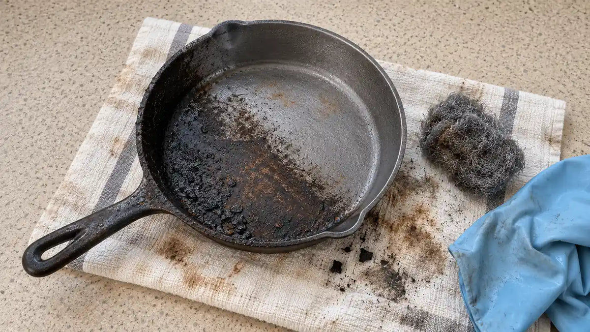 Comment remettre à neuf une poêle en fonte : une poêle à moitié décapée à la laine d'acier, entre métal gris et croûte noire