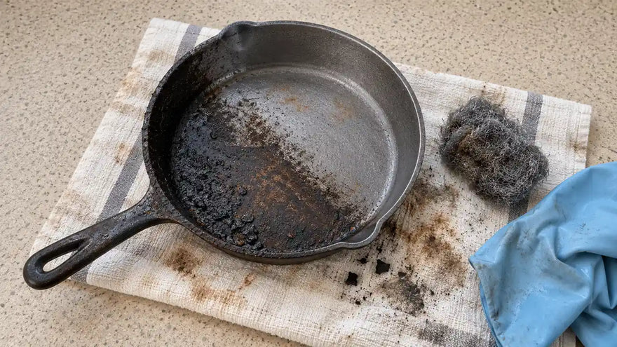 Comment remettre à neuf une poêle en fonte : une poêle à moitié décapée à la laine d'acier, entre métal gris et croûte noire