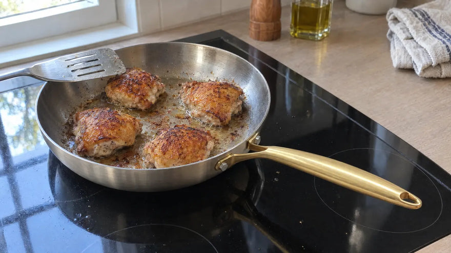 Cuire du poulet dans une poêle en inox : hauts de cuisse à la peau dorée et croustillante, avec des sucs dorés