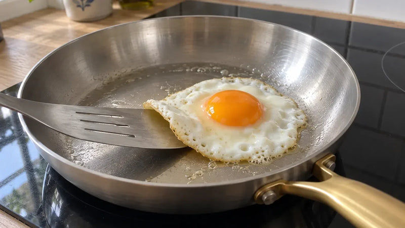 Cuire un œuf au plat dans une poêle en inox : l'œuf se décolle tout seul sous la spatule, sur une plaque à induction