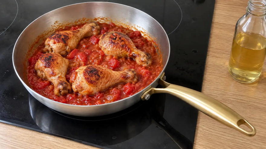 Meilleur inox pour une poêle : pilons de poulet en sauce tomate dans une poêle en inox 18/10 sur une plaque à induction