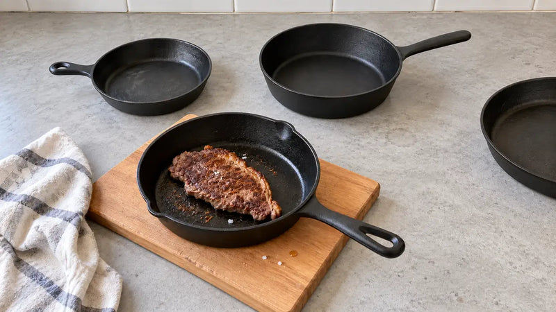 Poêle en fonte de L'Atelier de la Poêle, meilleure marque de poêle en fonte, avec une entrecôte saisie devant trois autres poêles en fonte