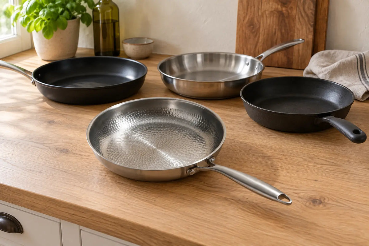 Poêle en titane bonne pour la cuisson, au premier plan devant une poêle antiadhésive, une poêle en inox et une poêle en fonte
