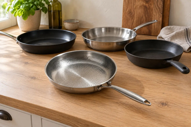 Poêle en titane bonne pour la cuisson, au premier plan devant une poêle antiadhésive, une poêle en inox et une poêle en fonte