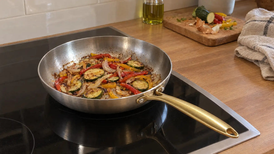 Légumes sautés dans une poêle en inox bonne pour la santé, posée sur une plaque à induction