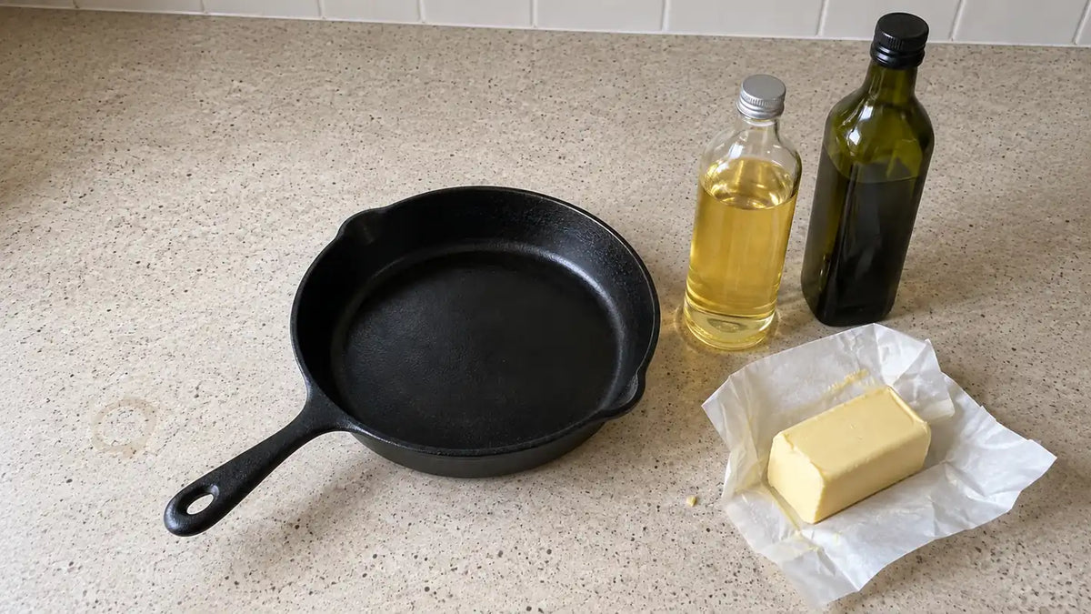 Quelle huile utiliser pour une poêle en fonte : la poêle entre une bouteille d'huile de tournesol, une d'olive et du beurre