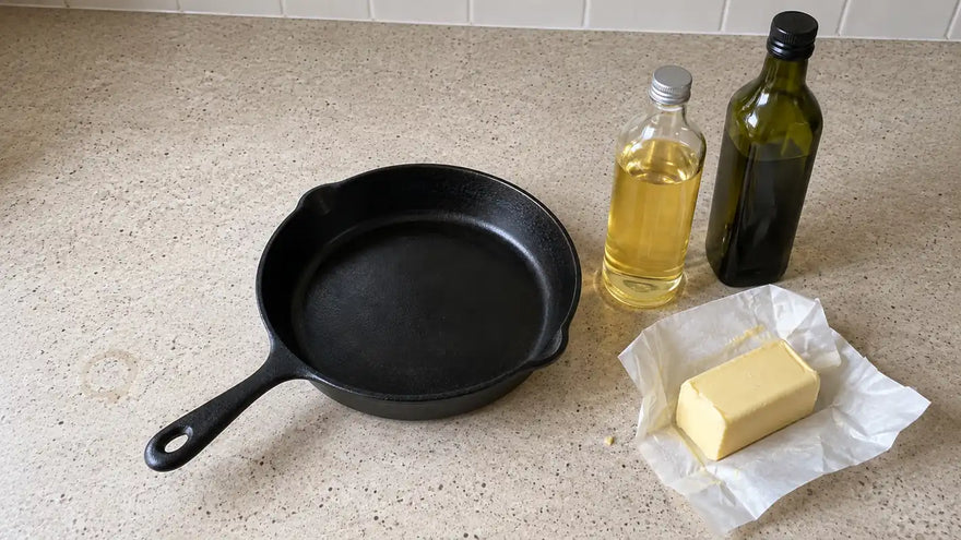 Quelle huile utiliser pour une poêle en fonte : la poêle entre une bouteille d'huile de tournesol, une d'olive et du beurre