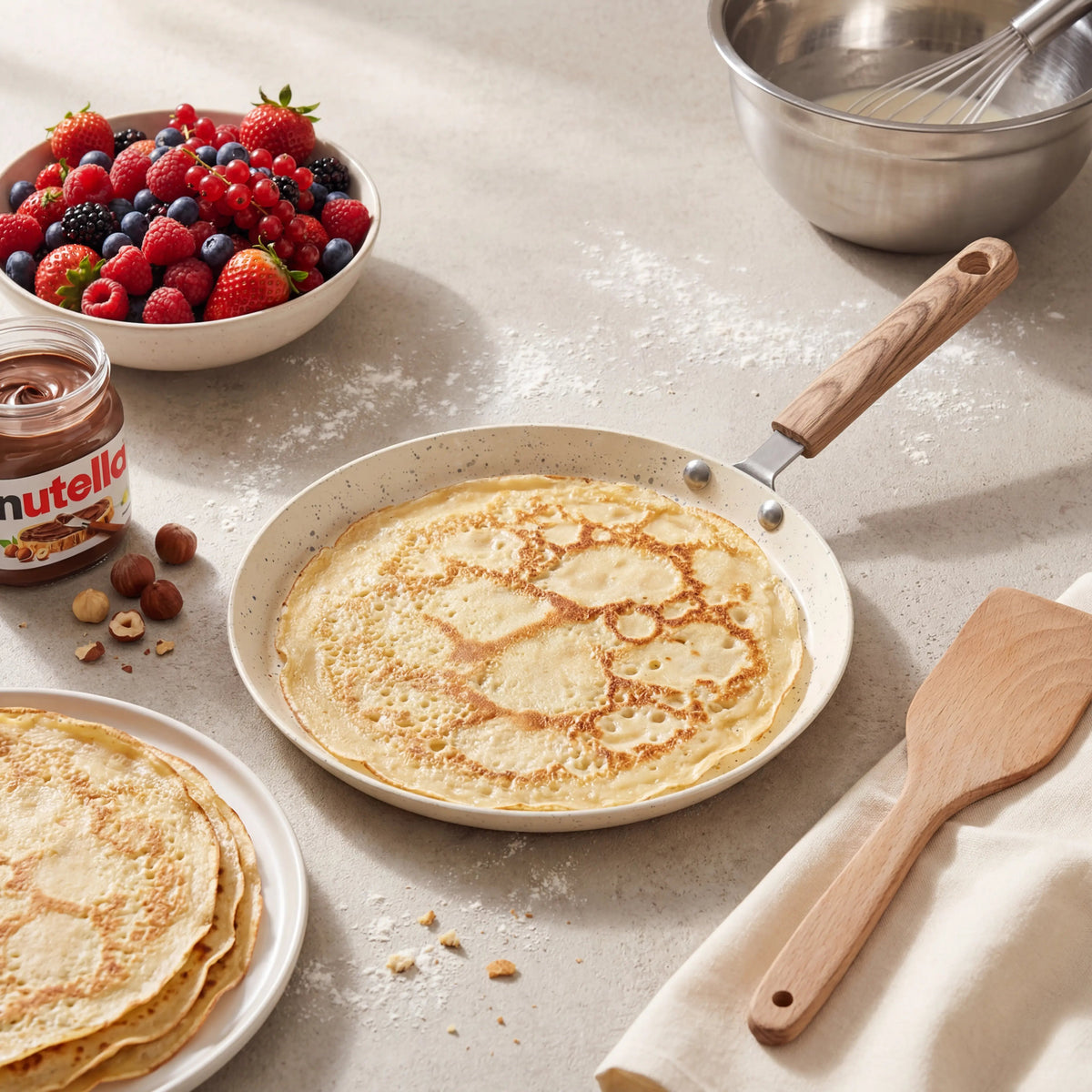 Poêle à crêpe antiadhésive beige manche bois avec crêpe dorée, fruits rouges et pâte à tartiner.