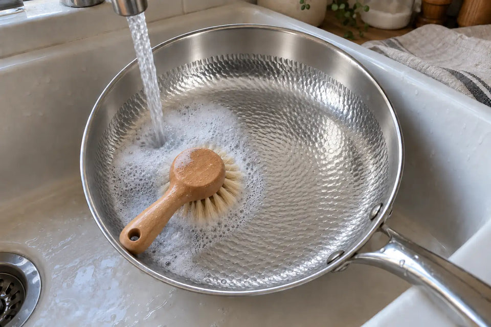Brosse à vaisselle en bois posée dans une poêle en titane martelé rincée sous l'eau, avec un peu de mousse