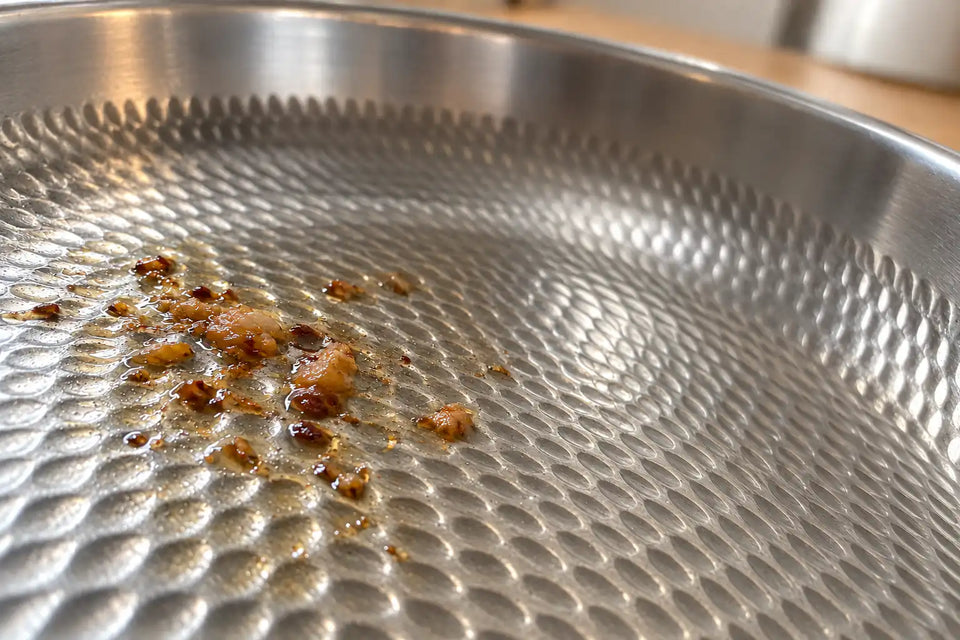 Résidus dorés de cuisson logés dans les alvéoles d'une poêle en titane martelé, vus de très près