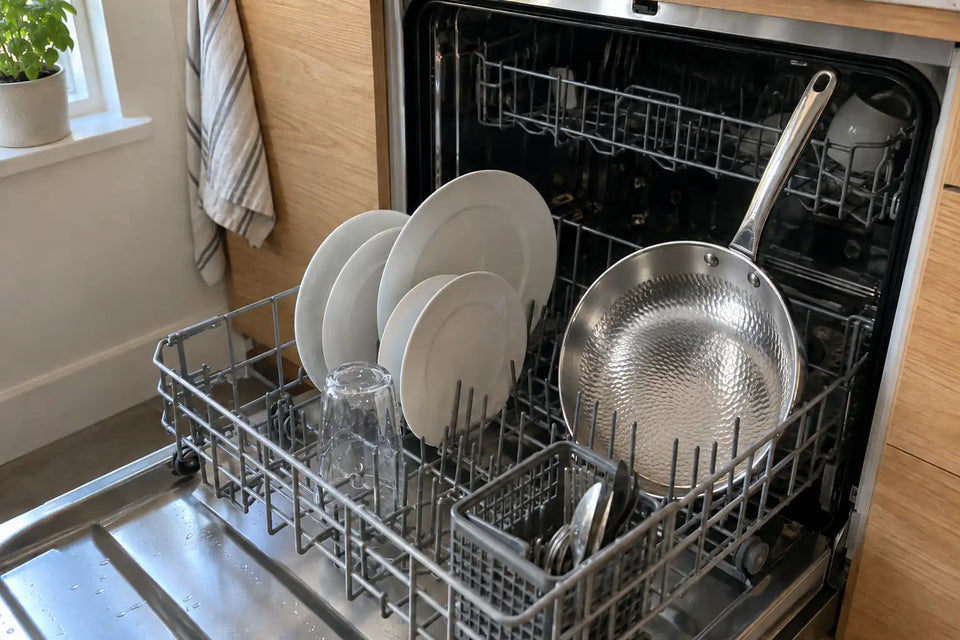 Poêle en titane martelé rangée dans le panier du bas d'un lave-vaisselle ouvert, à côté d'assiettes blanches