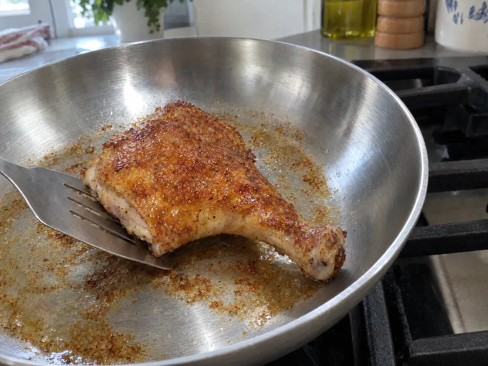 Cuisse de poulet à la peau dorée soulevée par une spatule en métal dans une poêle inox, entourée de sucs de cuisson