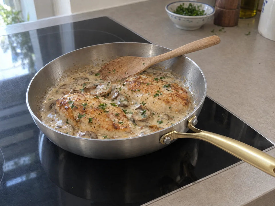 Blancs de poulet nappés d'une sauce crème et champignons faite avec les sucs de cuisson, dans une poêle inox
