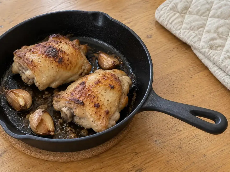 Deux cuisses de poulet à la peau dorée et croustillante dans une poêle en fonte tout juste sortie du four, sur un dessous-de-plat en liège
