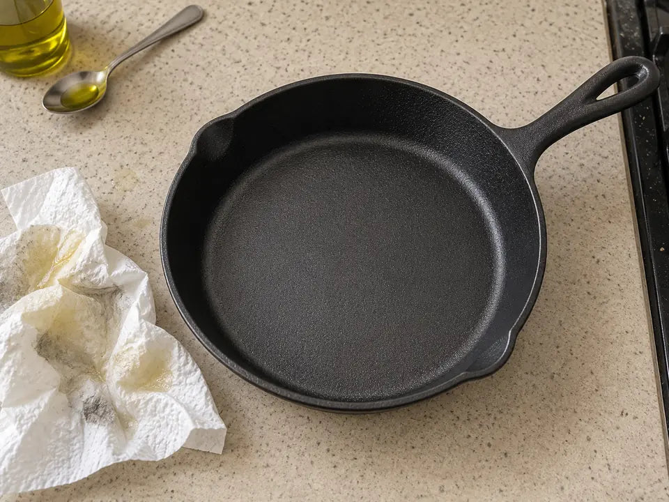 Culottage d'une poêle en fonte : la poêle essuyée paraît presque sèche, à côté du papier absorbant taché d'huile