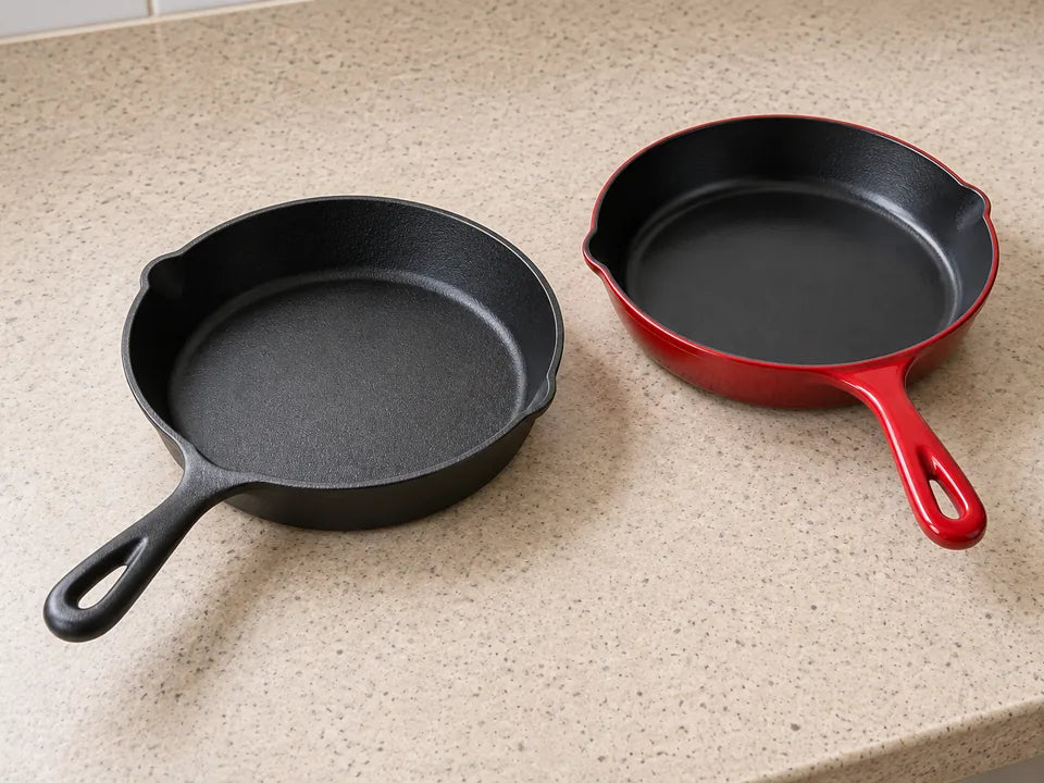 Poêle en fonte naturelle à culotter, noire et mate, à côté d'une poêle en fonte émaillée rouge qui ne se culotte pas