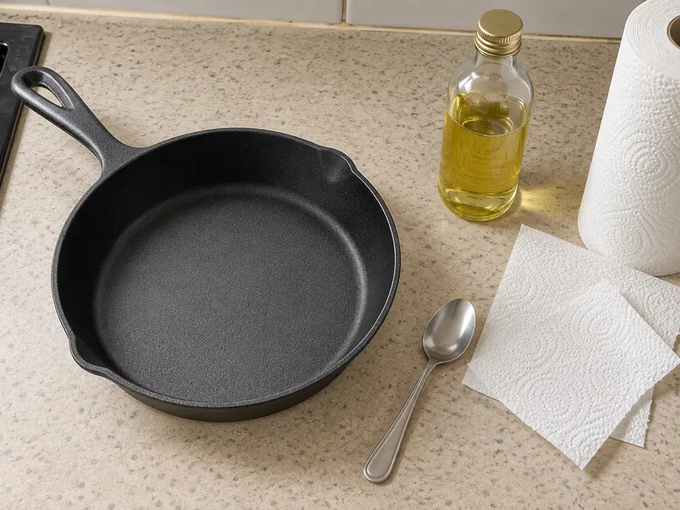 Culotter une poêle en fonte neuve : la poêle, une bouteille d'huile et du papier absorbant sur un plan de travail