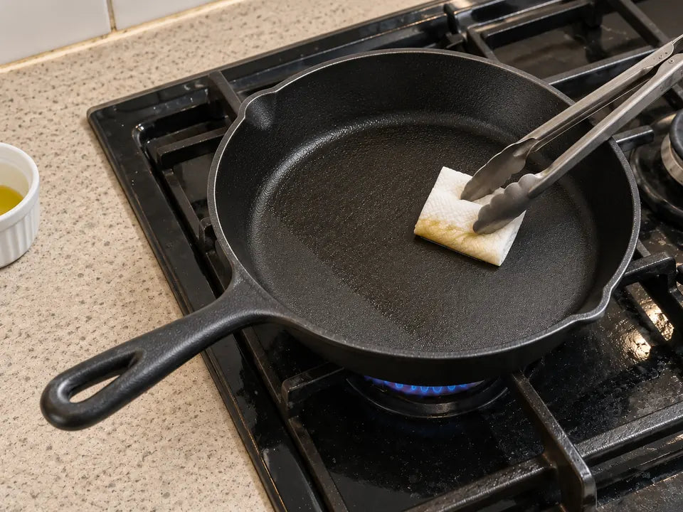 Culotter une poêle en fonte sans four : sur le feu, un papier absorbant huilé tenu par une pince frotte la poêle chaude