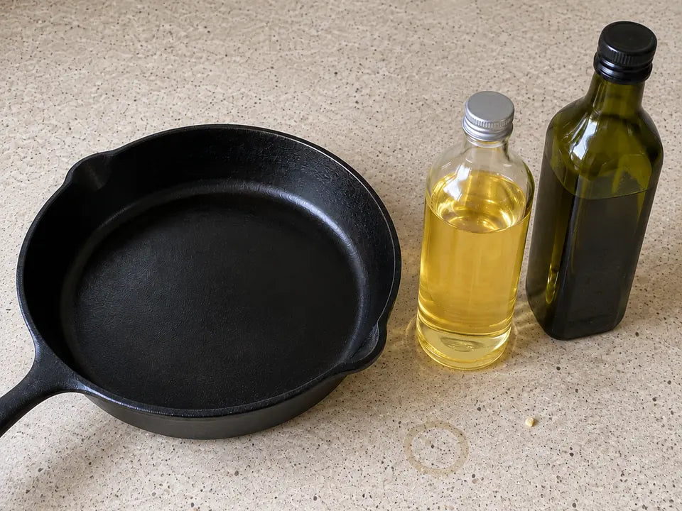 Deux huiles suffisent pour une poêle en fonte : une bouteille d'huile de tournesol et une d'huile d'olive à côté de la poêle