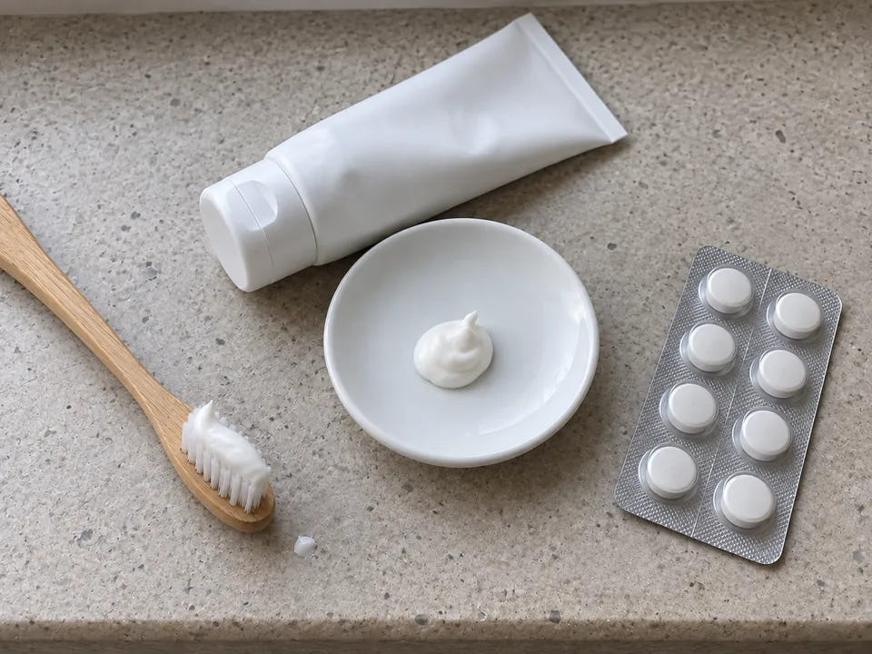 Dioxyde de titane au quotidien : un dentifrice blanc, une noisette de crème solaire et des comprimés blancs