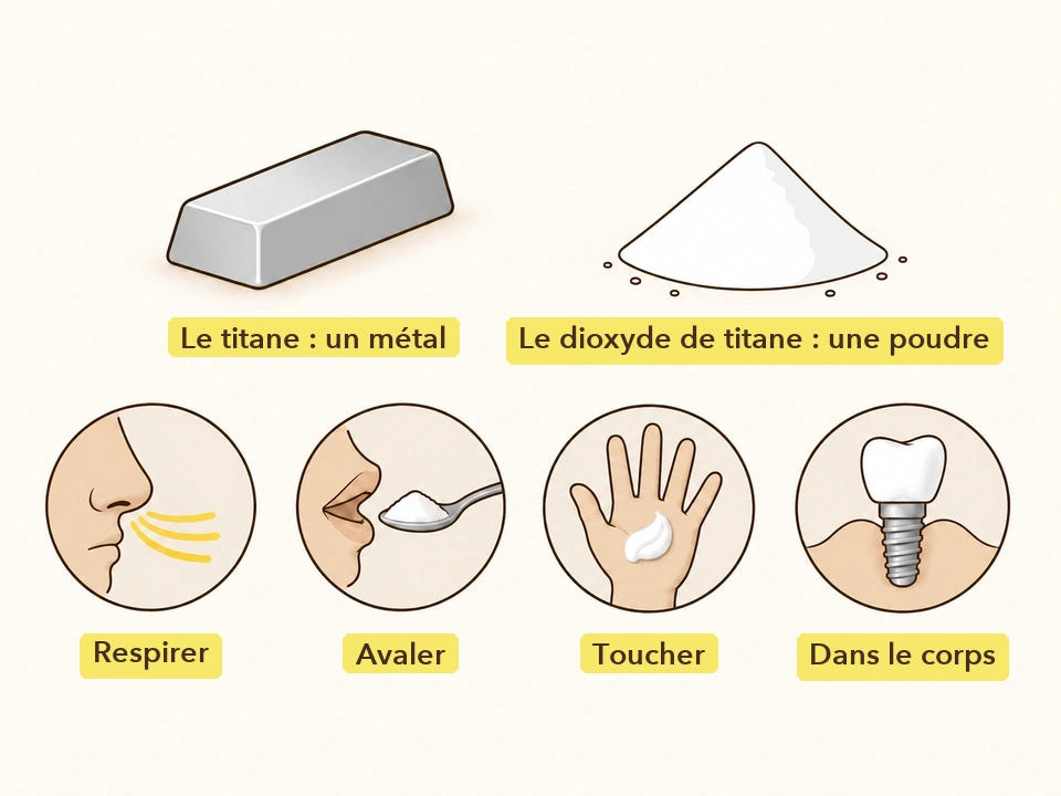 Effets du titane sur le corps : infographie du titane métal, du dioxyde de titane en poudre et des quatre portes d'entrée